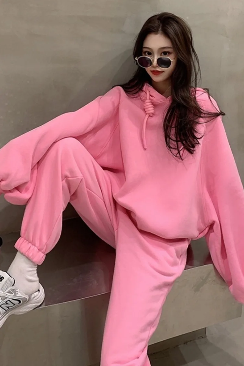 

Autumn And Winter 2020 New Long Sleeve Plush Hooded Sweater + Loose Casual Thickened Pants Fashion Two Piece Suit