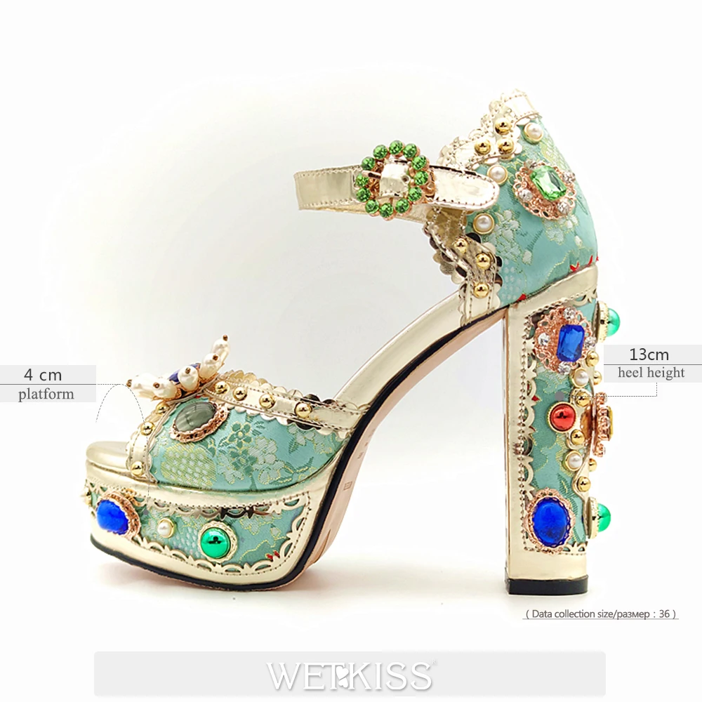 

WETKISS Women Sandals Luxury Emerald Green Diamonds Platform Sandal Retro Palace Style Chunky High Heels Princess Wedding Pumps