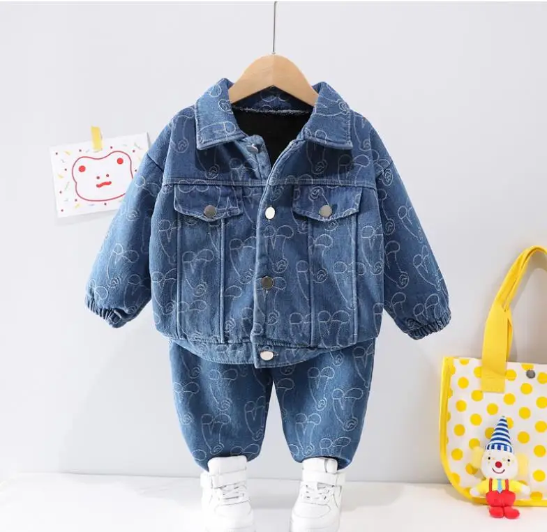 Модные зимние детские спортивные костюмы ковбойские из двух предметов джинсовый