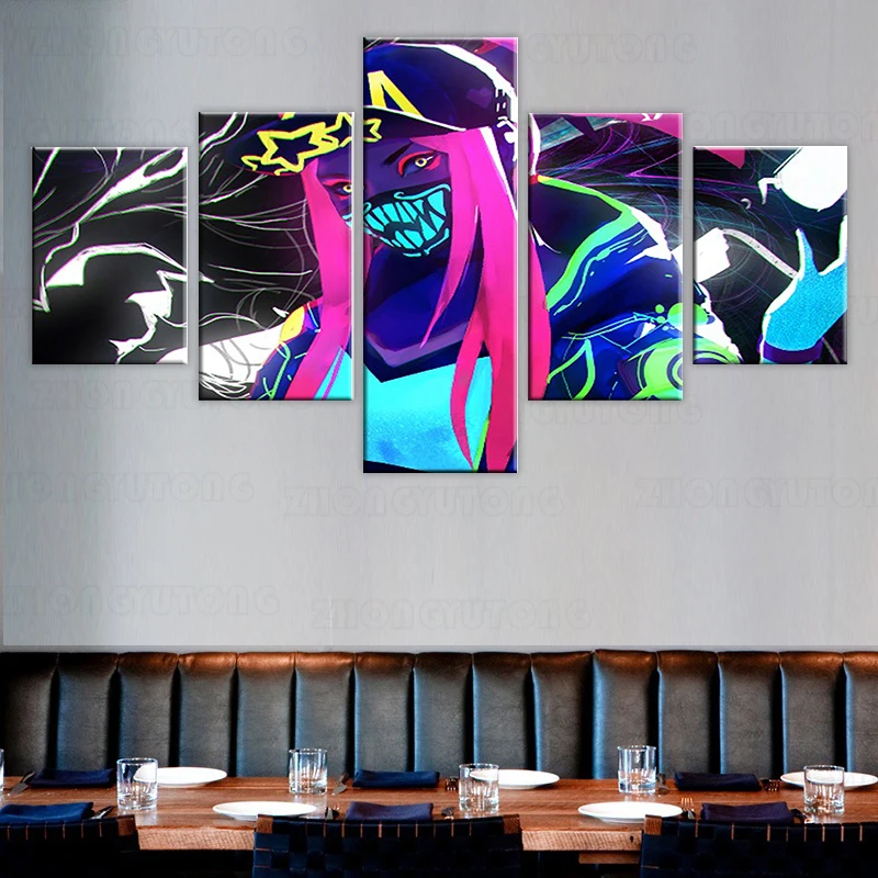 Фоторамка с изображением маски Kda Akali Neon из игры League of Legends на холсте, состоящая из 5 модульных частей. Идеально подходит для украшения интерьера дома.