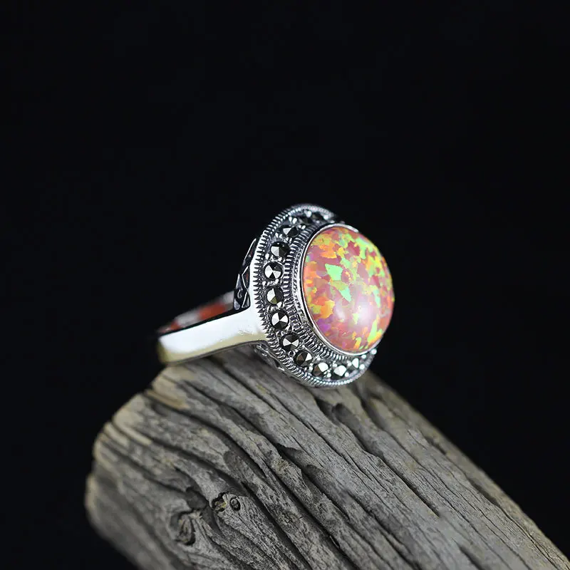 

S925 Sterling Silver Ornament Thai Silver Classic Women's Hand Jewelry Opal Ring