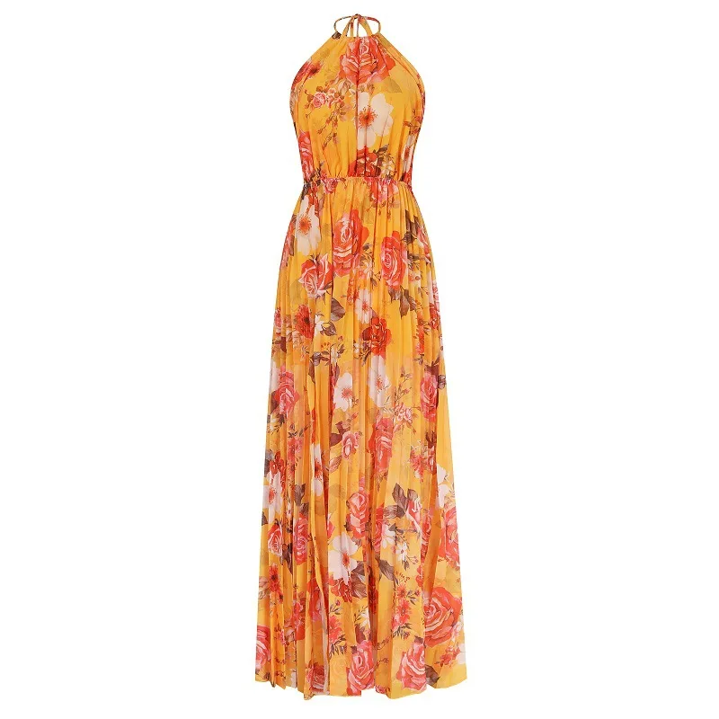 

European and American women's new neck halter floral pleated chiffon dress sleeveless dress