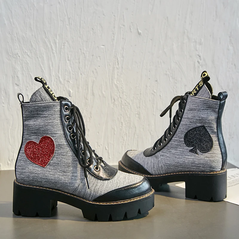 

Spade Heart Concise Punk Women Boots Designers Thick Bottom Chunky Motorcycle Boots Ladies Fashion Winter Platform Shoes Woman