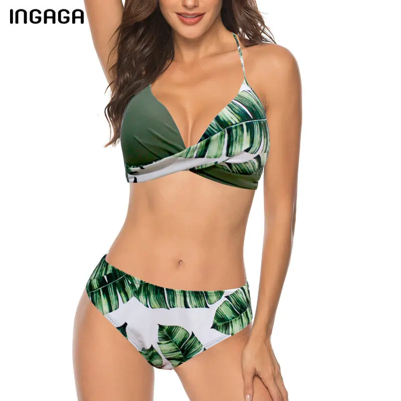 Leaf INGAGA, бикини с пуш-ап,, на бретельках, с лямкой через шею, купальник, Женский Топ, бикини, сексуальный купальник, женский купальник, летняя пляжная одежда, XXL - Цвет: Leaf
