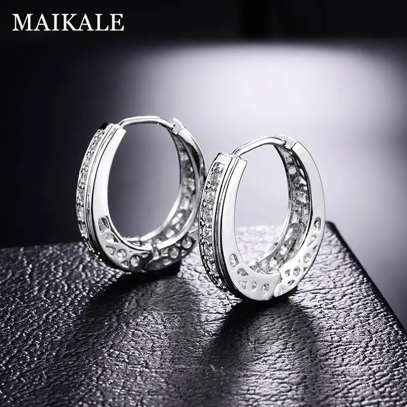 MAIKALE, новые классические серьги обруча, золото, серебро, цвет белый, кубический цирконий, круглые серьги, большие простые корейские серьги для женщин