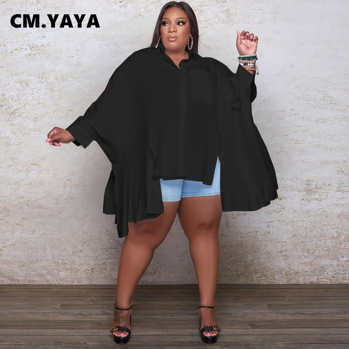 

Женская однобортная рубашка CM.YAYA, однотонная Свободная рубашка с отложным рукавом «летучая мышь», осень 2021