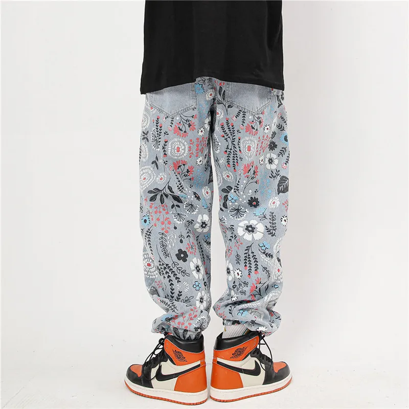 Men's Floral Graffiti Jeans For Man Fashion Brand Casual Drawstring Trousers Male Japanese Streetwear Harajuku Denim Loose Pants