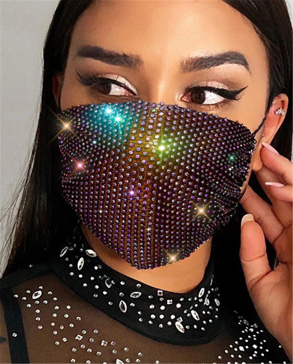 

Lelingyu jewelry, shiny crystal elastic mask, shiny crystal colored gemstones, wholesale of nightclub party accessories.