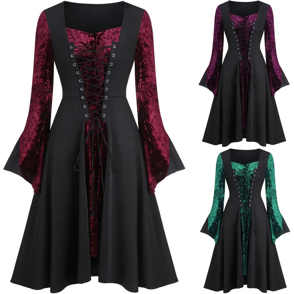 Модное женское платье винтажное готическое повседневное размера плюс с длинным