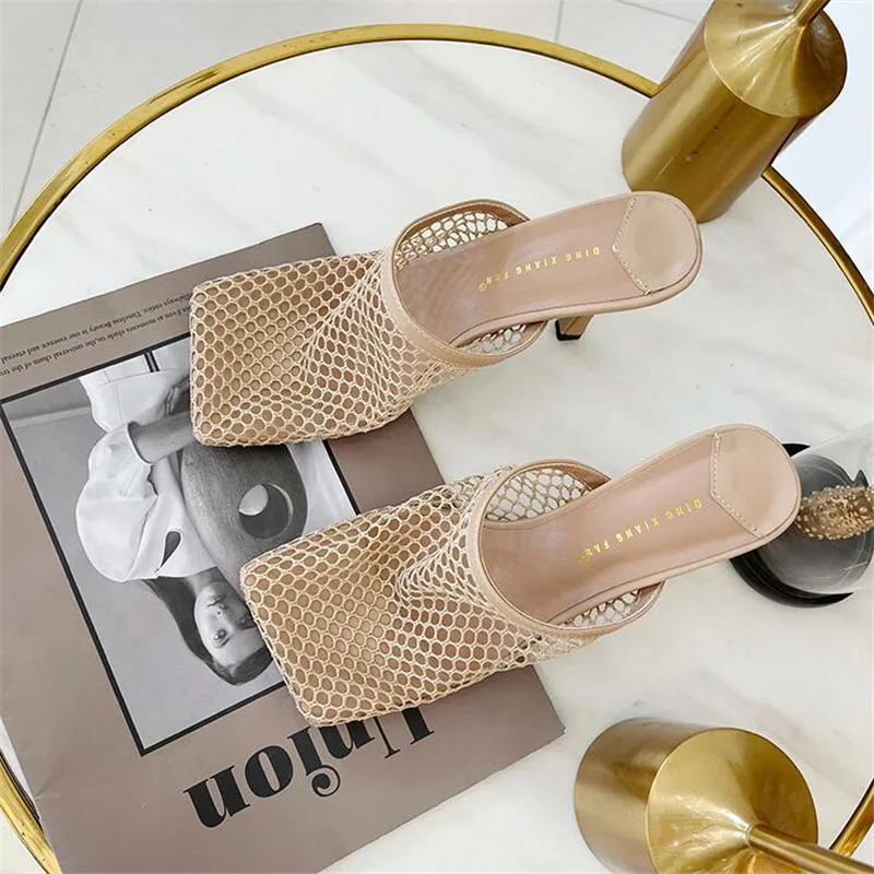 

2021 new net red same style women's sandals super sexy women's shoes square toe mesh slippers high quality 9 cmThin Heels 4-8 9