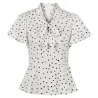 Ретро винтажная шикарная Женская Блузка офисная Повседневная белая с бантом в горошек с принтом размера плюс с короткими Рукавами Летняя женская рубашка 1950-х