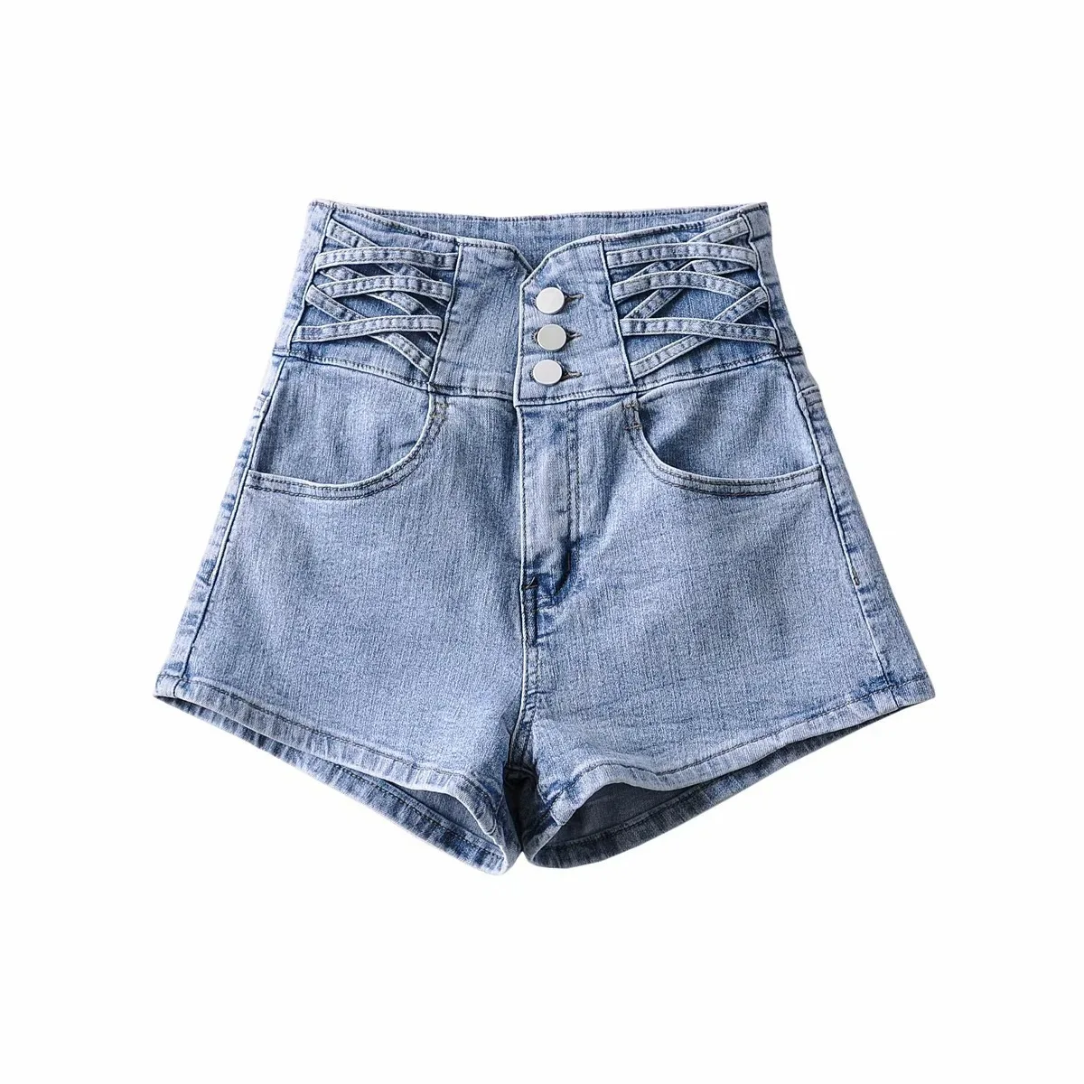 

European Station High Waist Cross Woven Elastic Hip Denim Shorts Women's Skinny Hip Raise Ultra Short Hot Pants Fashion