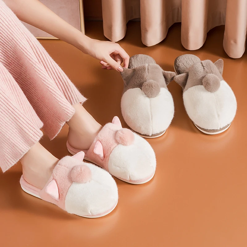 

Indoor Furry Women Fur Slippers Cute Paw Cat Ear Cartoon Bedroom Warm Plush Couples Shoes Non-slip Indoor Ladies Fluffy Slippers