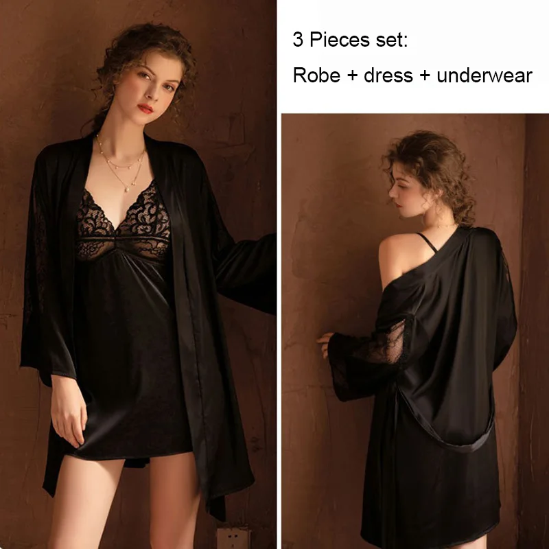 Tulin Модные Шелковые халаты женские пижамные комплекты из 3 предметов ночная