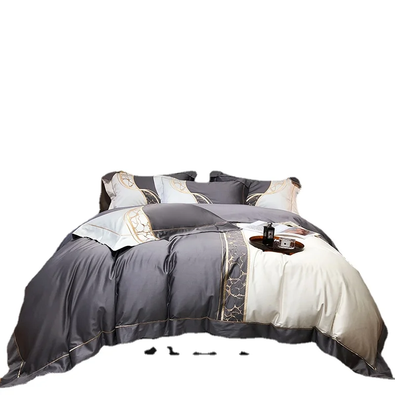 

Cool Feeling Ice Silk Embroidery Four-piece Color Matching Quilt Cover Simple Single Double Wash Day Silky Summer Bedding Gray