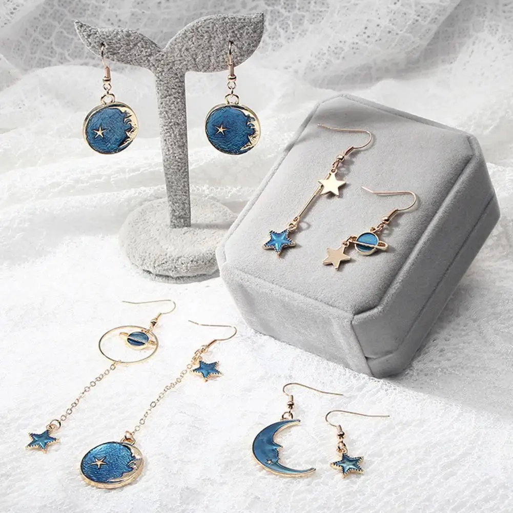 

1 Pair Drop/Hook Earrings Women Cartoon Moon Star Asymmetric Jewelry Planet Pendant All Match Hook Earrings for Daily Wear