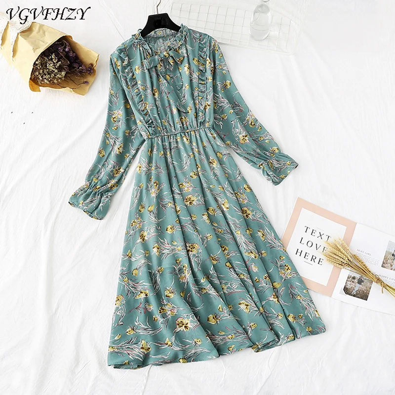 

Womens Dresses Spring Summer 2020 Long Sleeve A-Line Print Floral Chiffon Dress Fashion long Dress Elegant Party Vestidos
