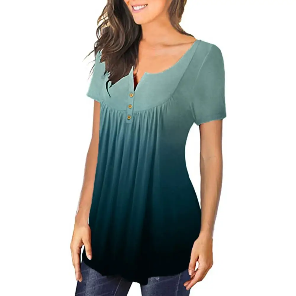 

Womens Plus Size Gradient V-Neck Short Sleeve T Shirts Button Pullover Tank Tops