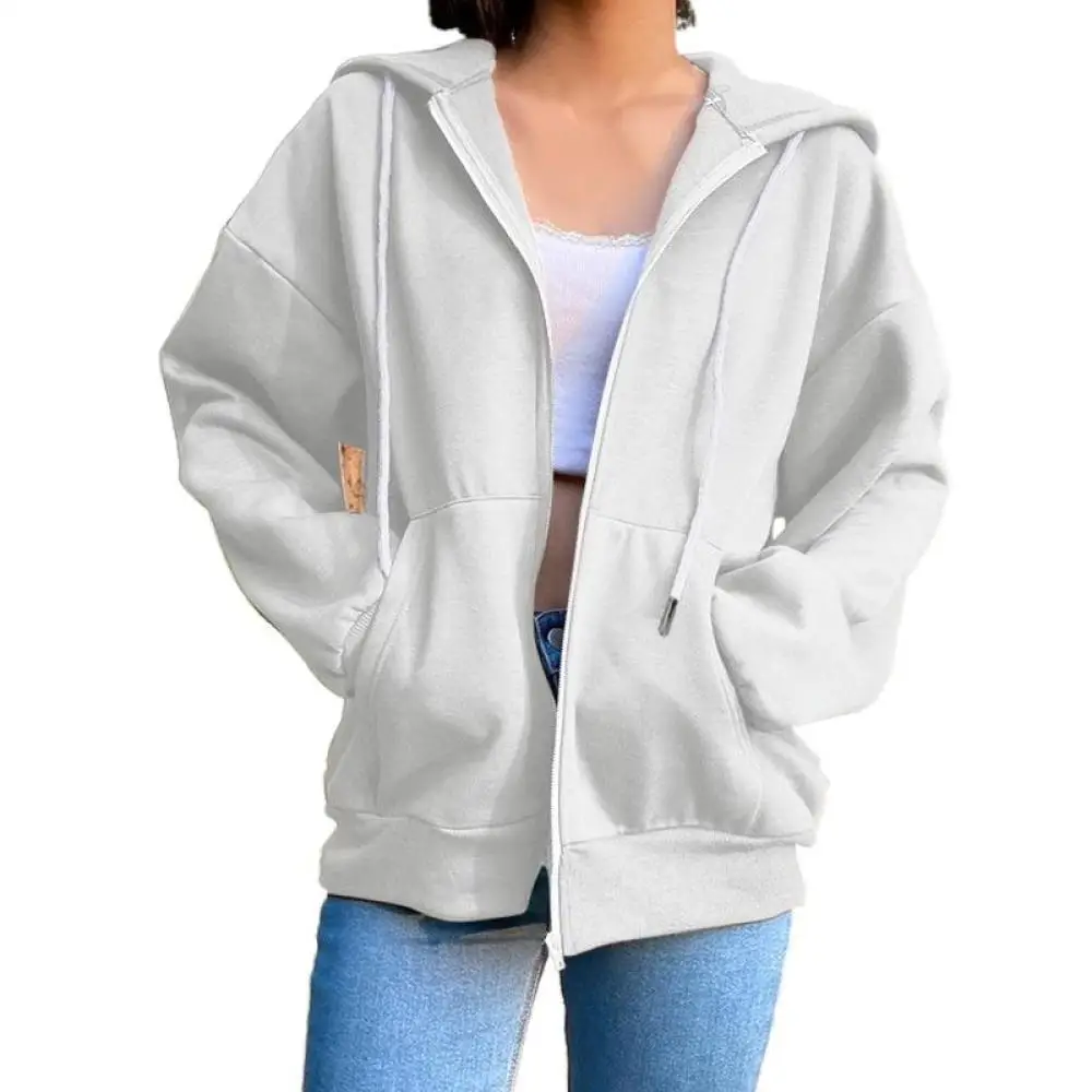 Autumn Fleece Hoodie Solid Color Hooded Korean Fashion Sweatshirts Long Sleeve Top Drawstring Pockets Loose Zipper Black Hoodies | Женская