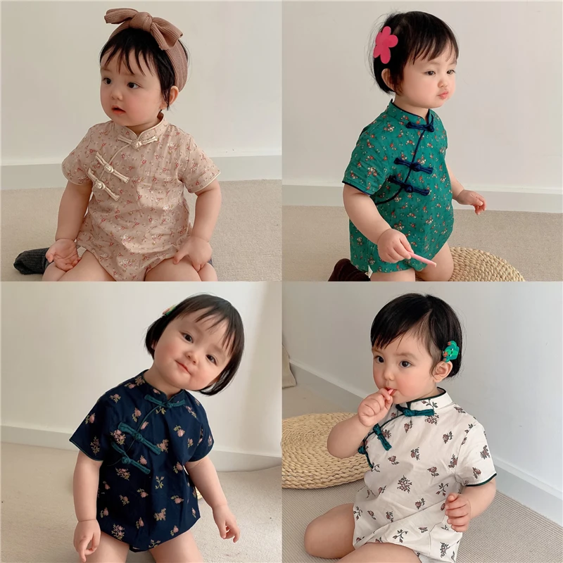 

Baby Jumpsuit Romper for Newborns Floral Cheongsam Girl Cotton Clothing 2021 Summer Fashion Kids Baby Girls Clothes Outfits