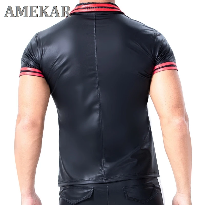 

Plus Size Mens T-shirts Faux Leather Short Sleeve Shirts Tee Sports Fitness Body Shapers Streetwear Undershirts Casual Outfits