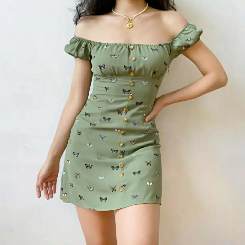 

Small fresh butterfly print square neck waist slim single breasted A-line short sleeve dress skirt