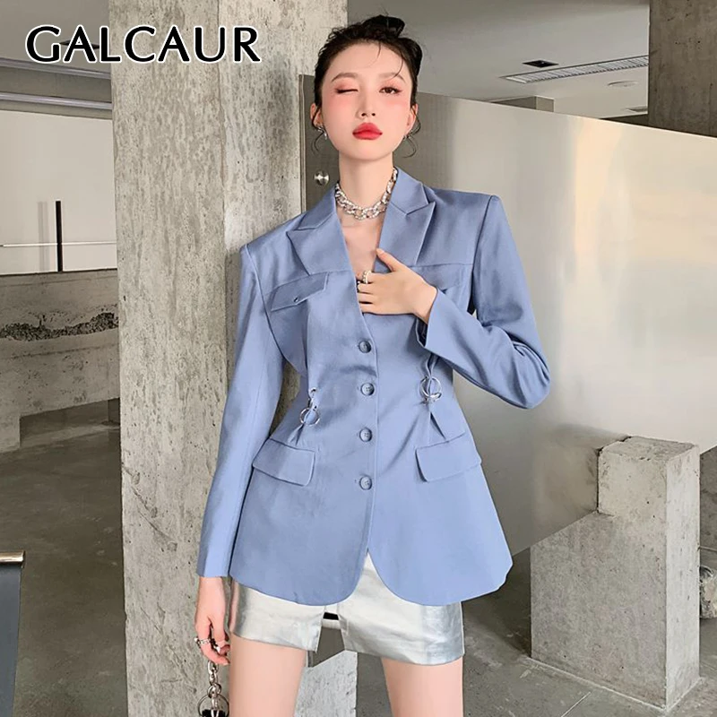 

GALCAUR Blue Korean Fashion Jackets For Women 2021 Notched Long Sleeve Fold Pleated Solid Casual Blazers Female Clothing Style
