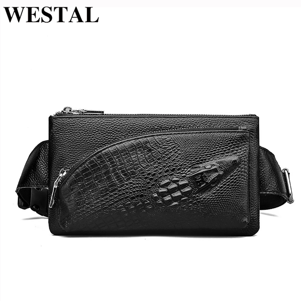 

WESTAL Men's Waist Bag Male Fanny Pack Genuine Leather Fashion Luxury Designer Summer Trendy Belt Pouch Bags Crocodile Pattern