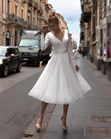 short v neck satin and tull wedding dresses with full sleeves mid calf bridal gowns 2020 beach wedding gown vestido de noiva