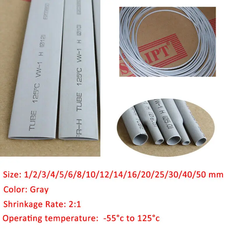 

1/5/10/20/50 Meters 2:1 Grey φ1mm - φ50mm Heat Shrink Tube Environmental Protection Insulation Sleeving