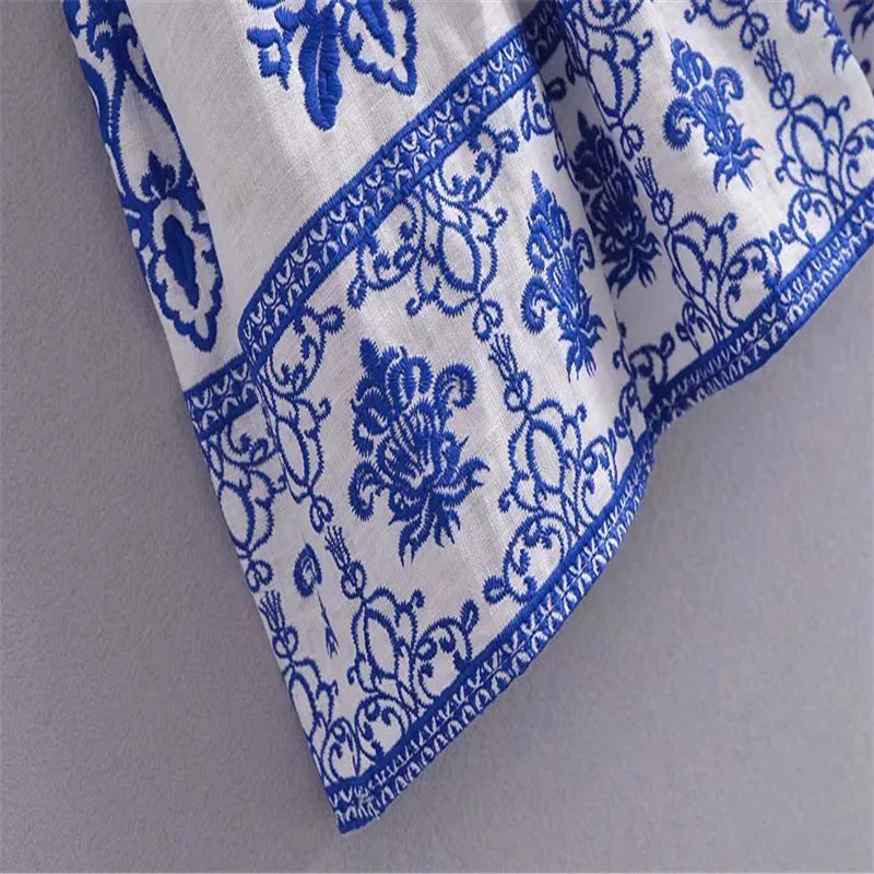 

Za 2021 Woman Blue Embroidery Skirt High Waist Side Zip Vintage Summer Midi Skirts Woman Chic Ruffle Hem Embroidered Skirts