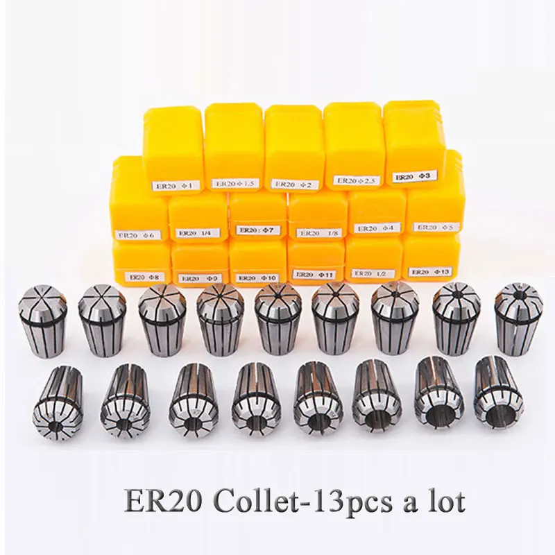 

13 шт./компл. ER20 (1-13 мм) избиение 0,1 мм точный пружинный цанговый патрон для фрезерного станка с ЧПУ и шпиндельного двигателя