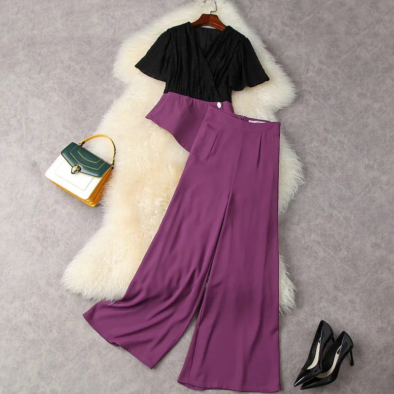 

Women Lace Patchwork Short Sleeve Tops And Wide Leg Pants Suit Summer 2021 Designer Office 2 Piece Outfits Elegant OL Clothing