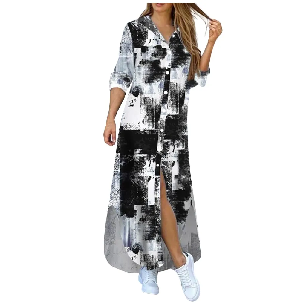 

Autumn Long Dress Long Sleeve Shirt Dress Women Denim Long Dresses Pocket Button Shirt Print Dress Casual Loose Dresses 2020