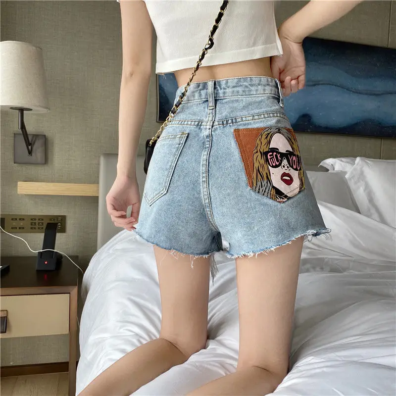 

High waist ripped jeans for women personality portrait printing asymmetrical loose and thin all-match Hot pants Summer shorts