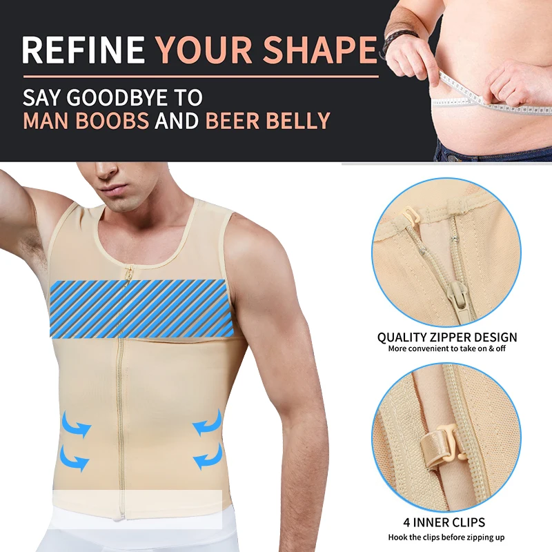 Для мужчин рубашка жилет для Похудения Body Shaper с застежкой молнией тонкие Тэнк Топ