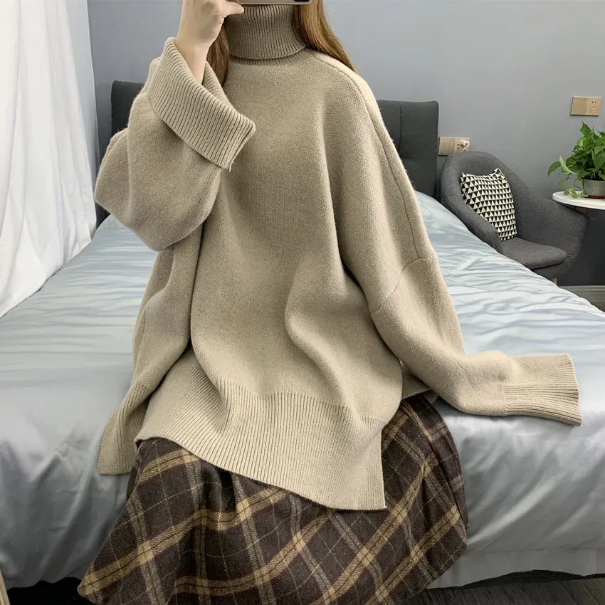 Женский вязаный пуловер с высоким воротником DEAT Свободный теплый однотонный в