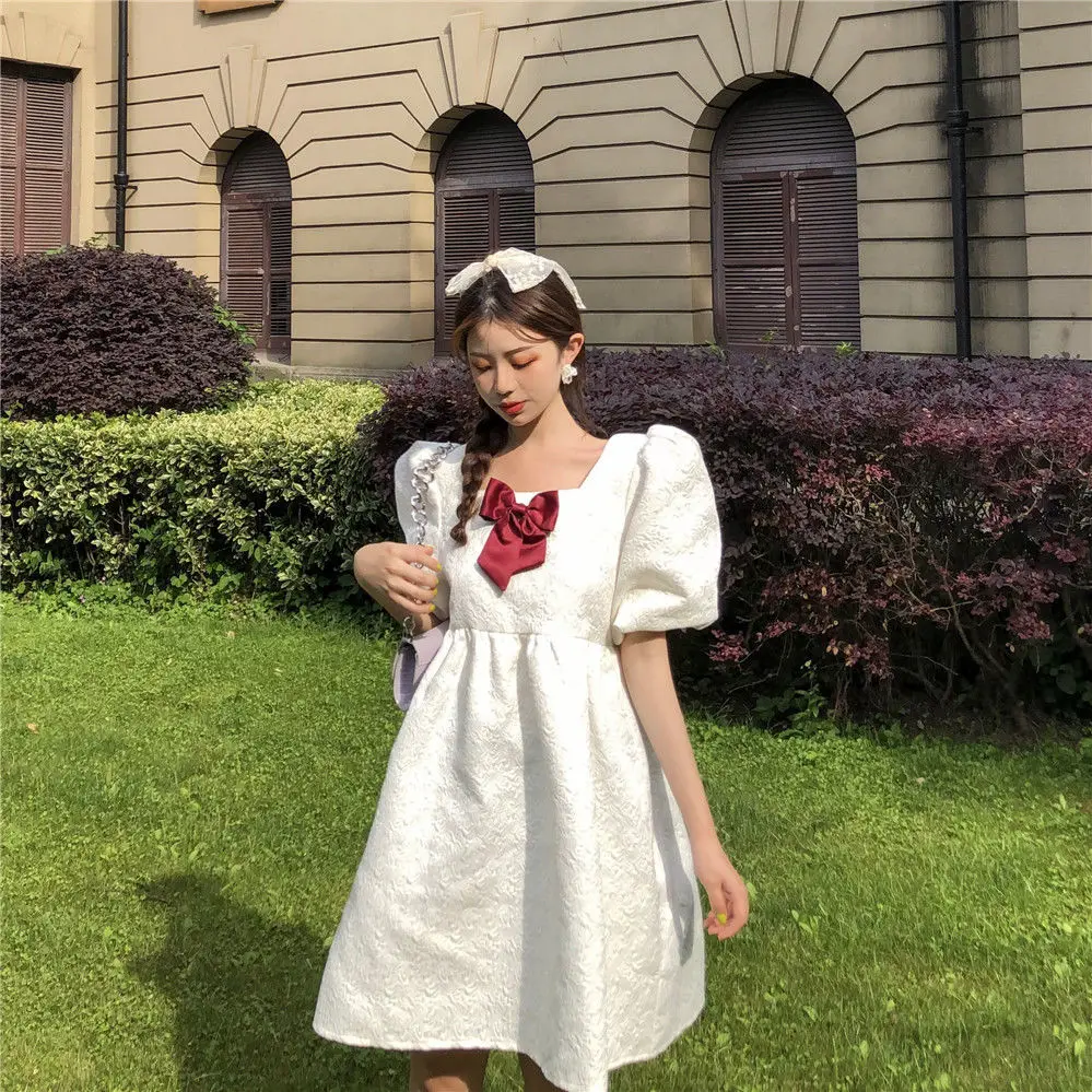 

Elegant Sweet White Princess Dress Women Japanese Bow Chic Korean Party Fairy Dress Female Casual Holiday Mini Dress 2021 Summer