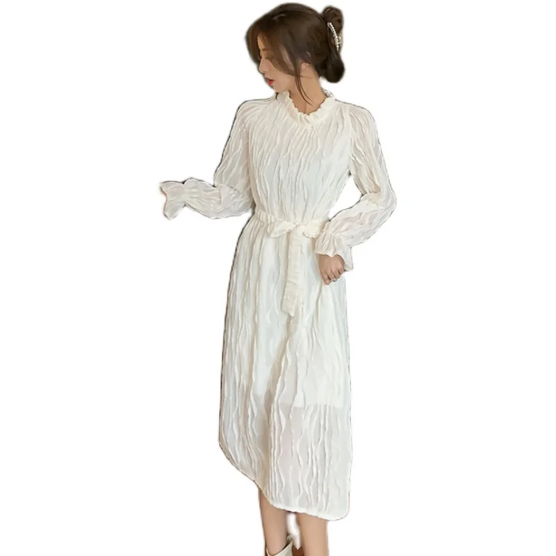 

Midi Dresses Women Spring Summer 2021 Vintage Wrinkled Puff Long Sleeve High Waist Boho Dress Korean Fashion Clothing Vestido