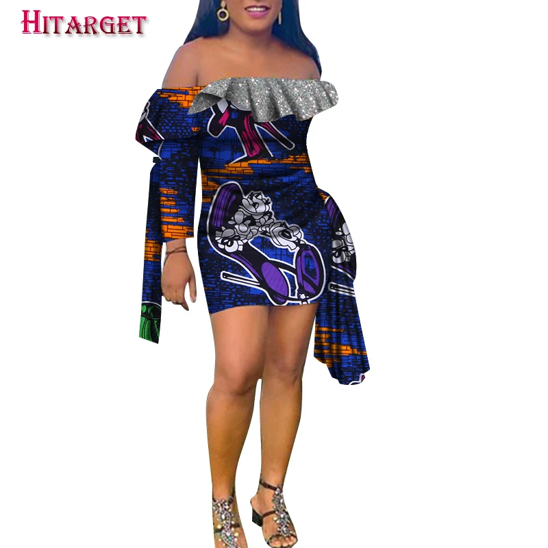 

2021 Summer African Print Sexy Lady Clothing Off-Shoulder Above Knee Dress Maxi Dresses Plus Size African Women Clothing WY8678