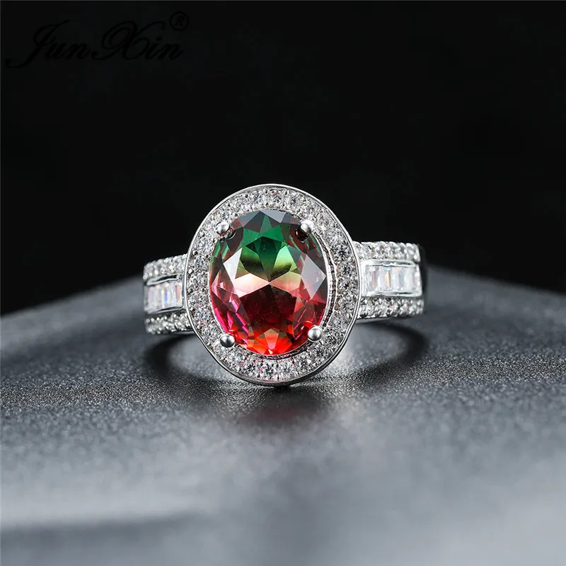 Luxury Big Oval Mystic Rainbow Fire Crystal Rings For Women Silver Colorful Rose Red Green Zircon Wedding Bands Boho Jewelry | Украшения и