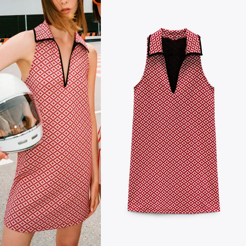 

Летнее жаккардовое женское мини-платье Za 2021 винтажное шикарное платье без рукавов с V-образным вырезом и отворотом модные прямые свободные ...