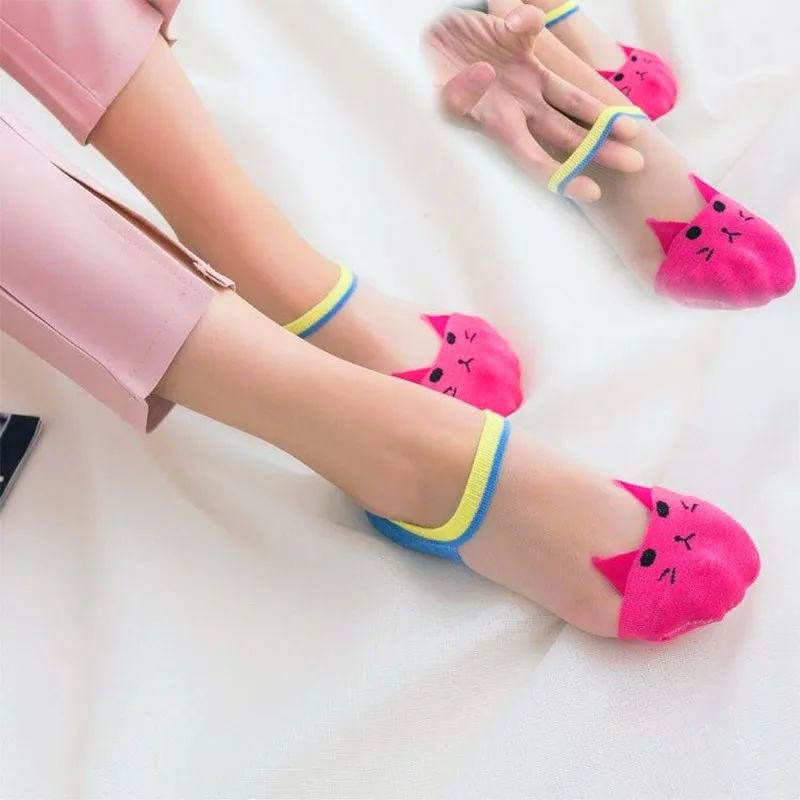 5 Pairs Summer Cartoon Cat Socks Cute Animal Women Socks Funny Invisible Socks Female Cotton Transparent Boat Socks Dropship