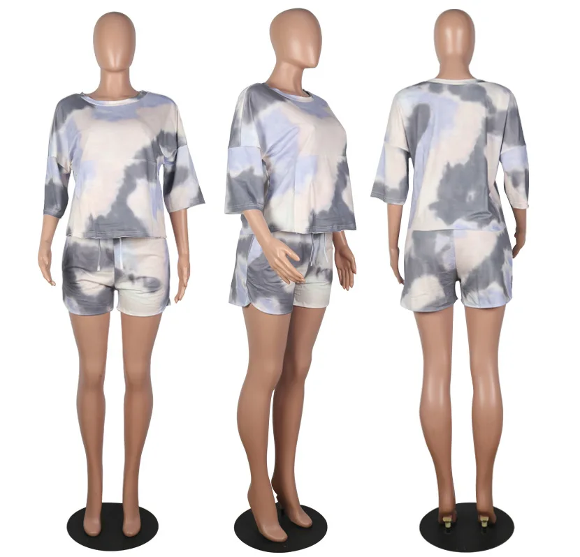 

Donsignet Homewear Tie-dye Printed Short-sleeved Pajamas for Women Two Piece Set Summer Sleepwear Women