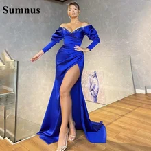 Sumnus Royal Blue Off Shoulder Side Split Mermaid Evening Dresses with Crystal Beaded Long Sleeves Satin Formal Prom Gowns (1)