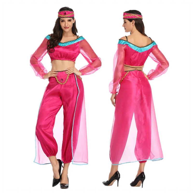 

Women Aladdin And The Magic Lamp Red Jasmine Princess Costume Belly Dancer Cosplay Top Pants Halloween Party Suit Indian Costume
