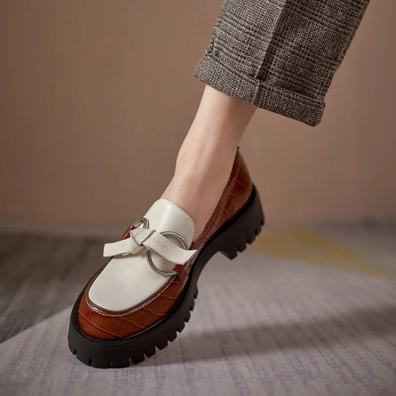 

British Leather Shoes Women's Thick Soled Cow Leather Brown Black Single Shoes New Thick Heel Muffin Soled Women's Shoes