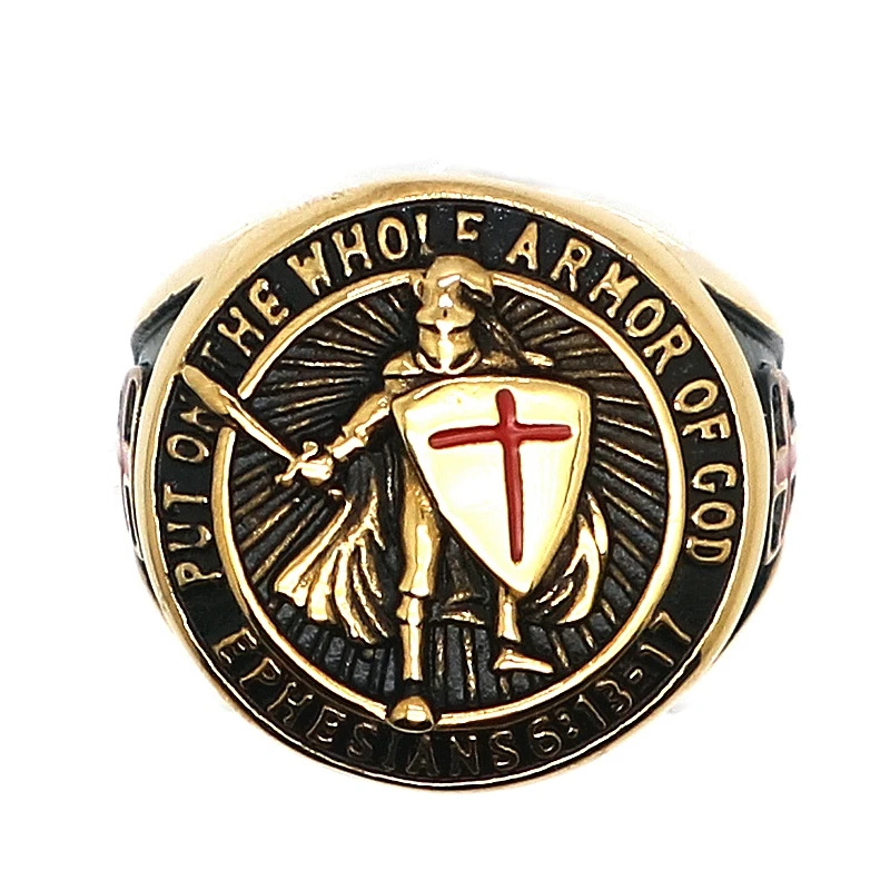 

Unisex 316L Stainless Steel Saint Paul Ephesians "Put On The Whole Armor Of God" Cross Knight Protect Gold-Color Ring