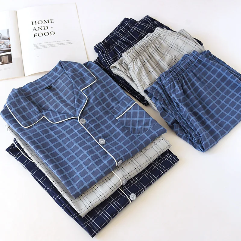 

Man Summer Pajamas Set Thin Cotton Button Sleepwear Grid V-Neck Long Sleeved Trousers Homewear Suit Male Home Clothes 2 Piece