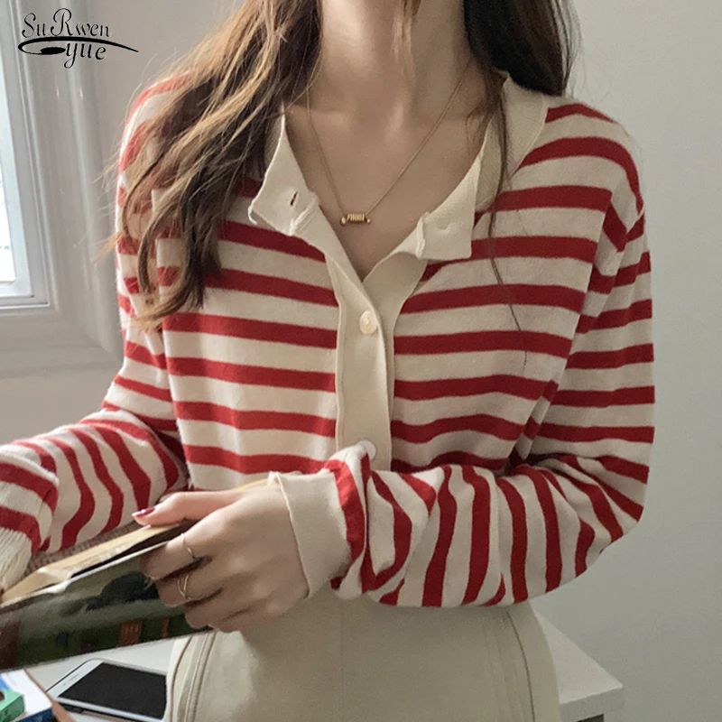 

Spring New Loose Thin O-Neck Short Coat Female College Style Striped Cardigan Thin Tops Korean Knitted Wild Blouse Women 12896